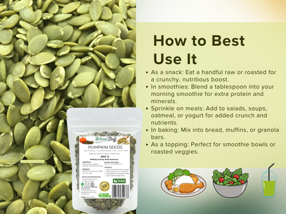 Pumpkin seeds with packaging and usage instructions on a green background