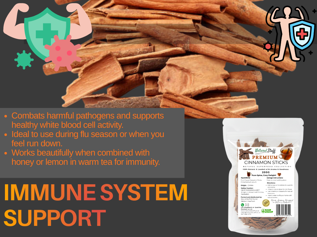 Cinnamon sticks with immune system support text and a package of cinnamon sticks on a dark background.