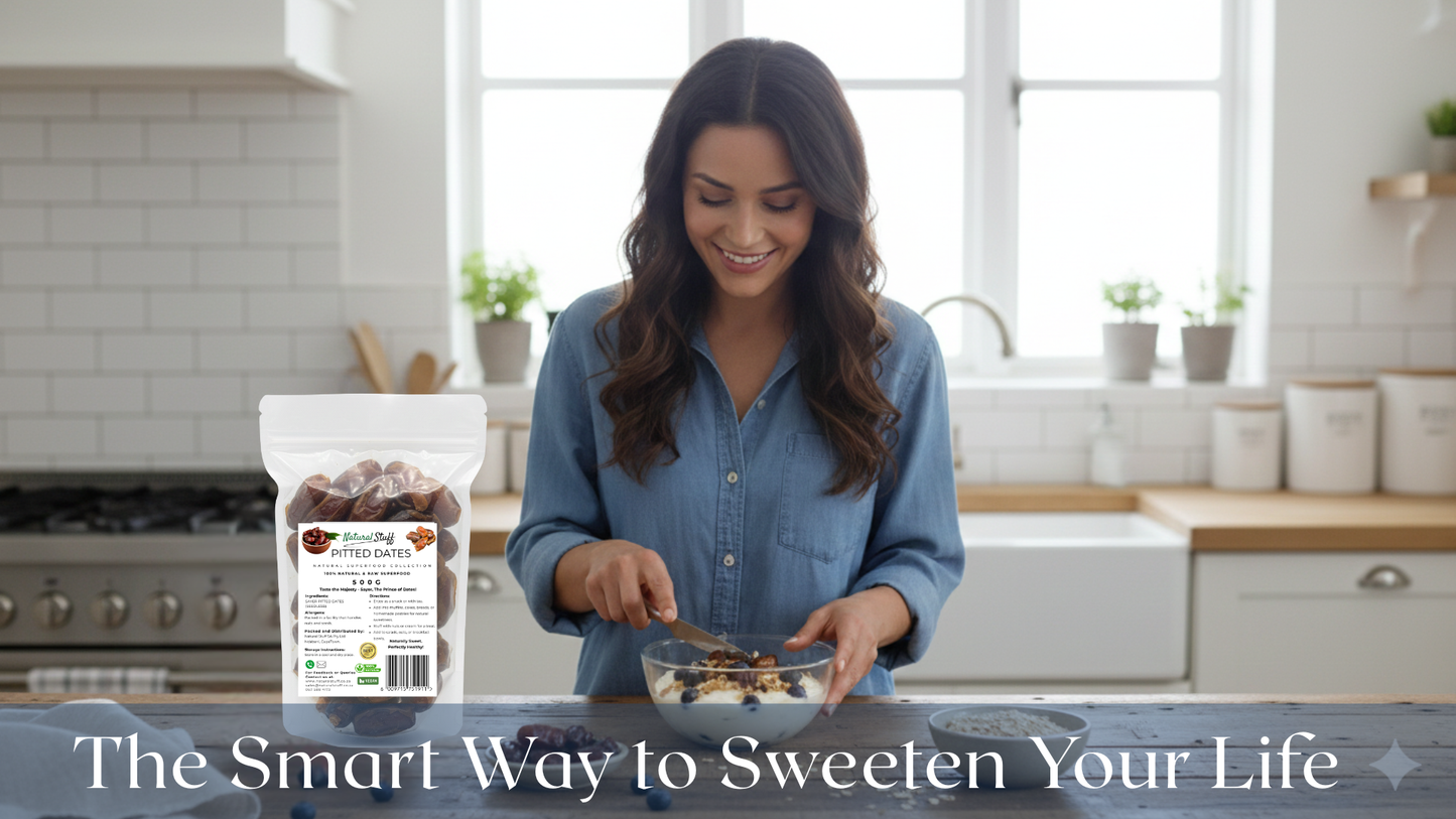 Woman in a kitchen preparing food with a package labeled 'The Smart Way to Sweeten Your Life' in the foreground.