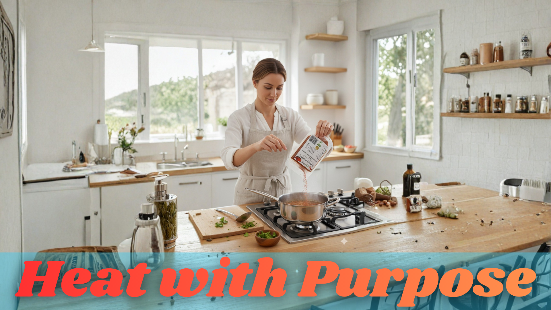 Woman cooking in a modern kitchen with text 'Heat with Purpose'.