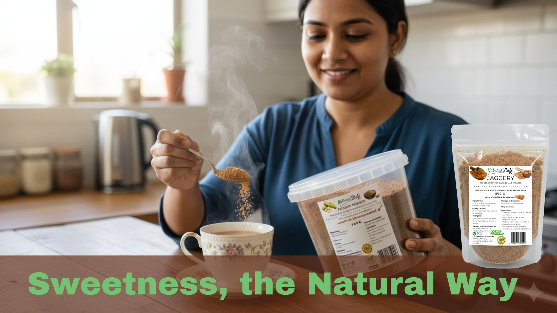 Woman in a kitchen making coffee with 'Healthy Sweets' products displayed.
