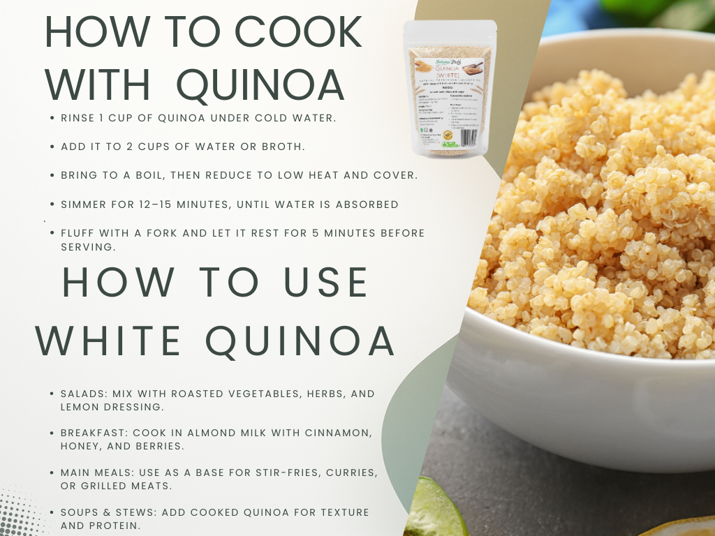 Quinoa cooking instructions with a bowl of quinoa on a white background