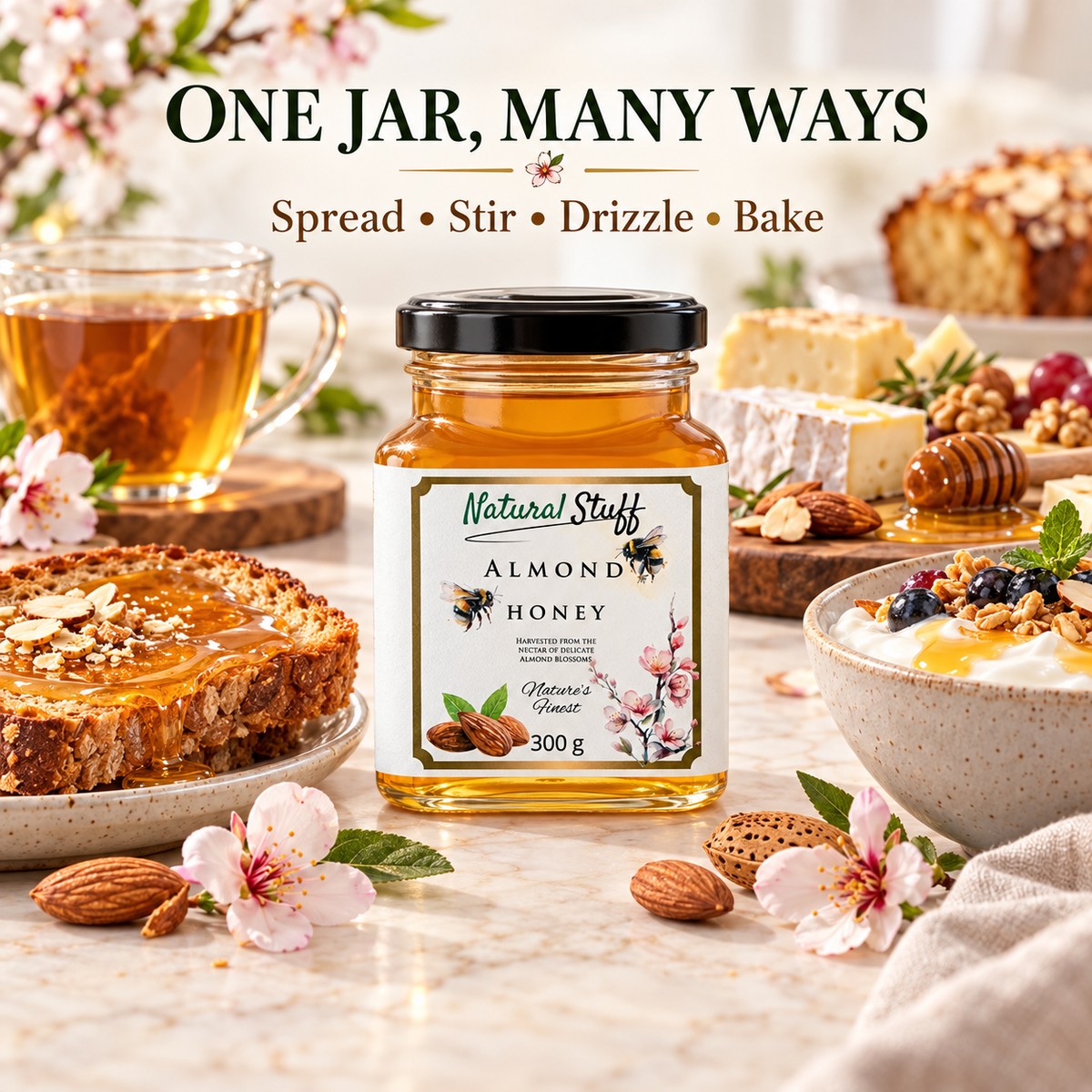 Natural Stuff Almond Honey 300g – 100% Pure Honey with a Rich Nutty Flavour