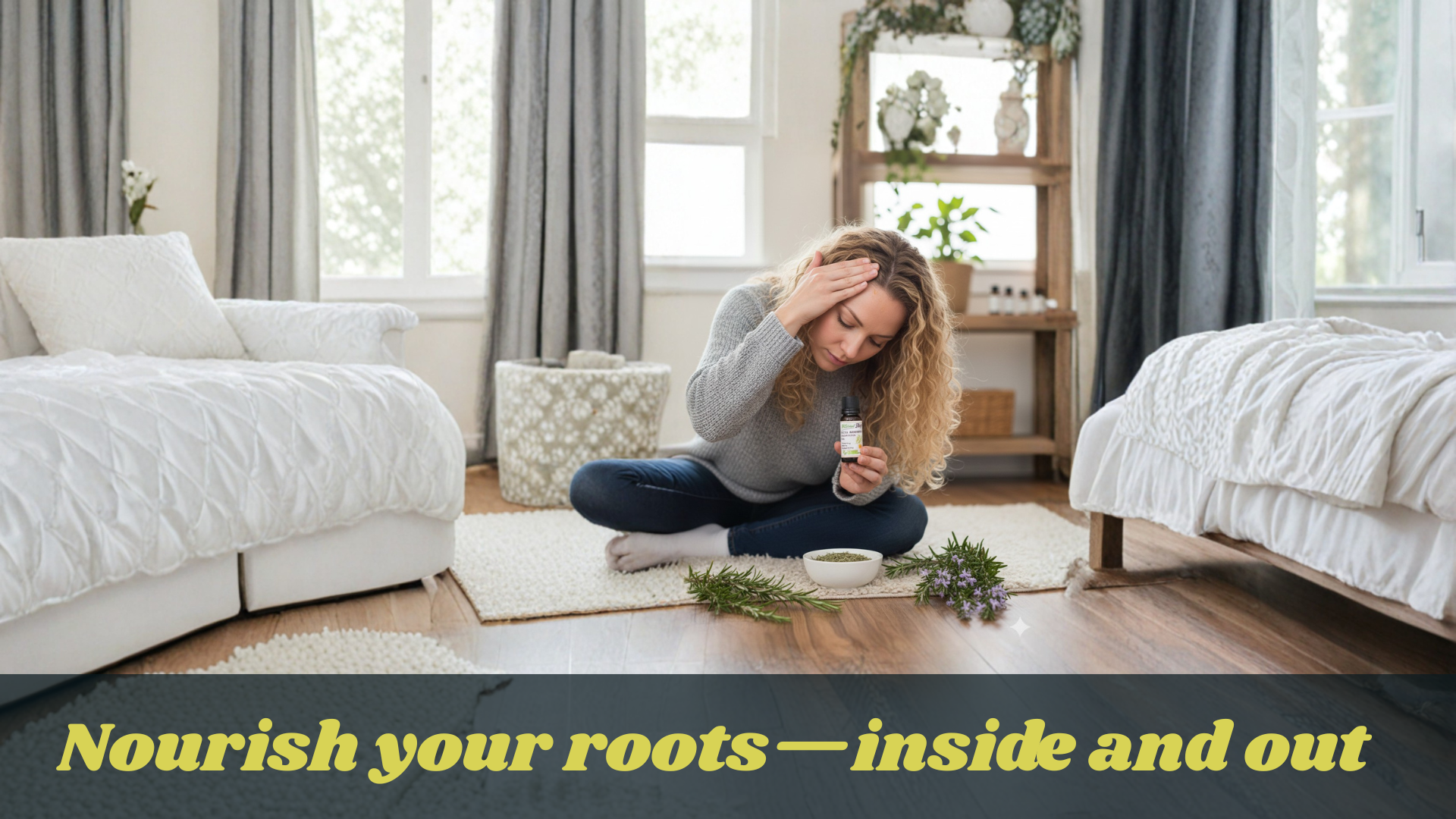 Woman sitting on a rug in a bedroom with plants and text overlay 'Nourish your roots - inside and out'.