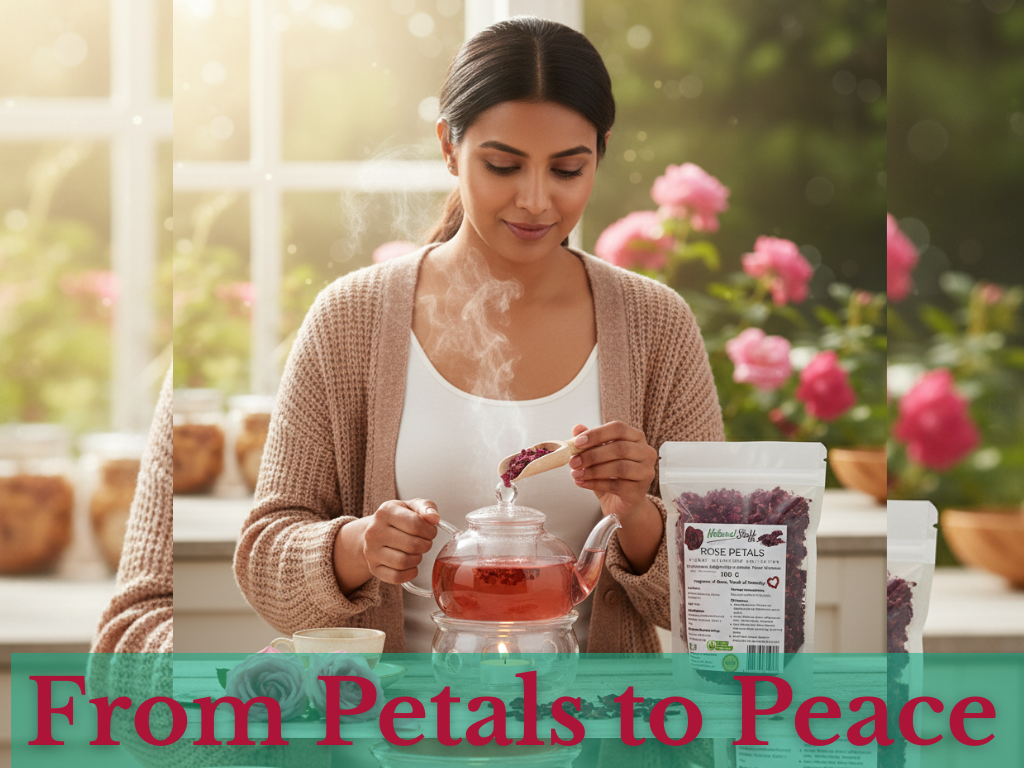 Woman making tea with a package labeled 'From Petals to Peace' in a home setting.