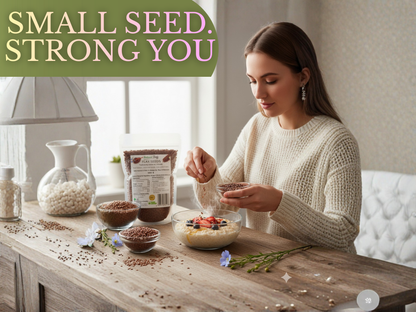Woman preparing a bowl of seeds with a 'Small Seed, Strong You' slogan above.
