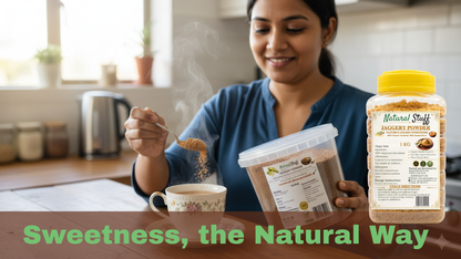 Woman in a kitchen preparing a beverage with 'Natural Stuff' products, with text 'Sweetness, the Natural Way'.