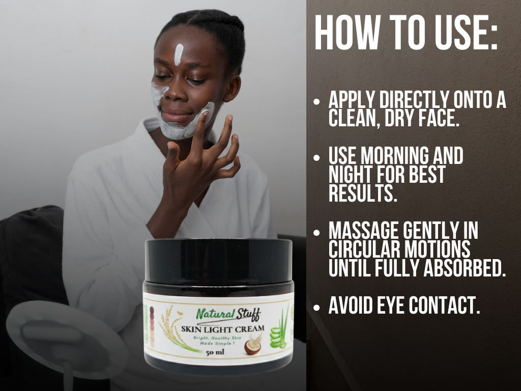 Person applying cream to face with 'Natural Stuff' skin light cream jar and usage instructions.