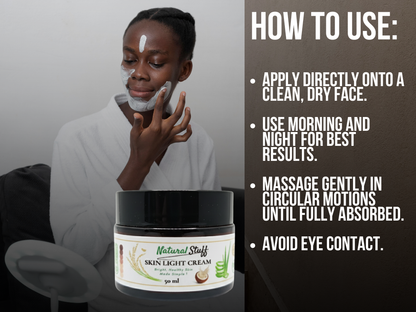 Person applying cream to face with 'Natural Stuff' skin light cream jar and usage instructions.