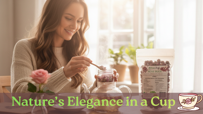 Woman enjoying a cup of tea with berries, with a container of berries and text 'Nature's Elegance in a Cup' in the background.