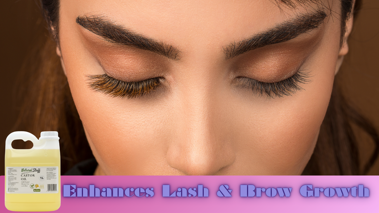 Woman with long eyelashes and eyebrows, with a bottle of liquid labeled 'Enhances Lash & Brow Growth' on a brown background.