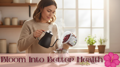 Woman pouring a hot beverage into a mug with text 'Bloom Into Better Health' and a pink flower graphic.