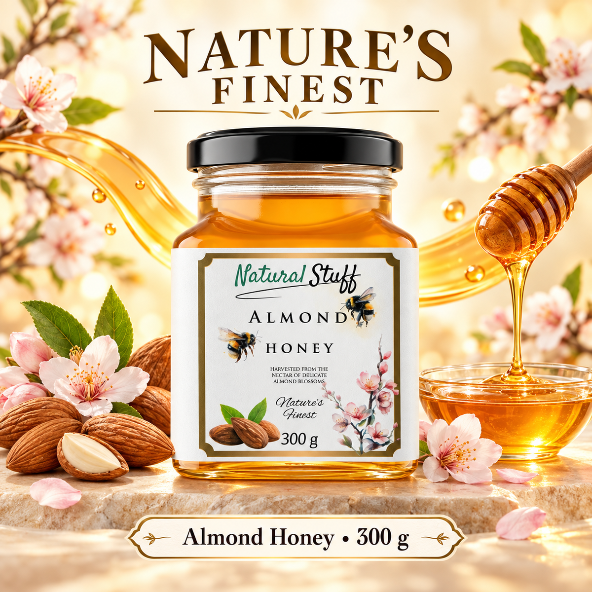 Natural Stuff Almond Honey 300g – 100% Pure Honey with a Rich Nutty Flavour