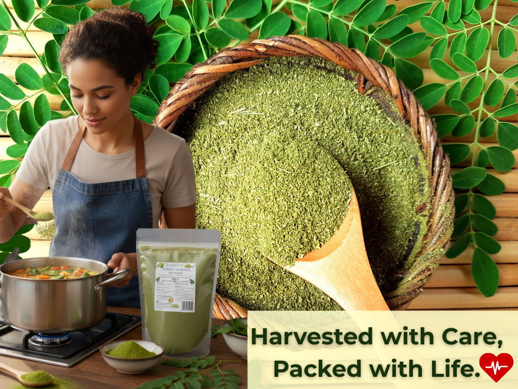 Woman cooking with green powder and leaves in the background, featuring a text overlay about care and life.