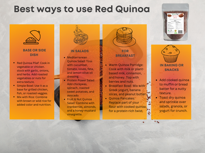 Infographic on best ways to use red quinoa with text and icons on orange panels.
