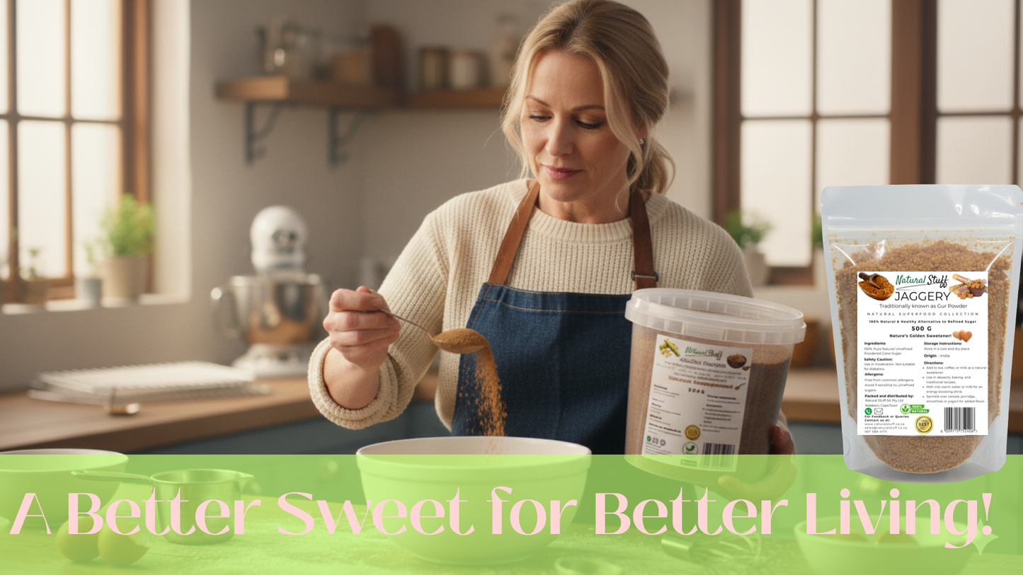 Woman in a kitchen with Jagger's products, including a bag and container, with text 'A Better Sweet for Better Living!'.