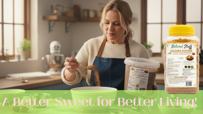 Woman in a kitchen preparing food with a container of 'Natural Stuff' product.