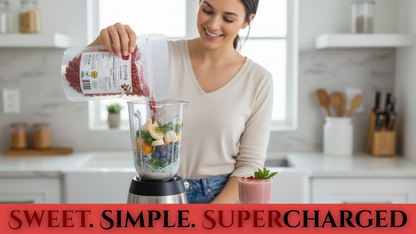 Woman adding ingredients to a blender with a kitchen background
