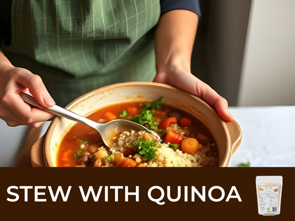 Person holding a bowl of stew with quinoa, with a spoon, on a neutral background.
