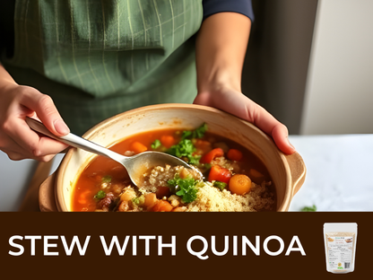Person holding a bowl of stew with quinoa, with a spoon, on a neutral background.