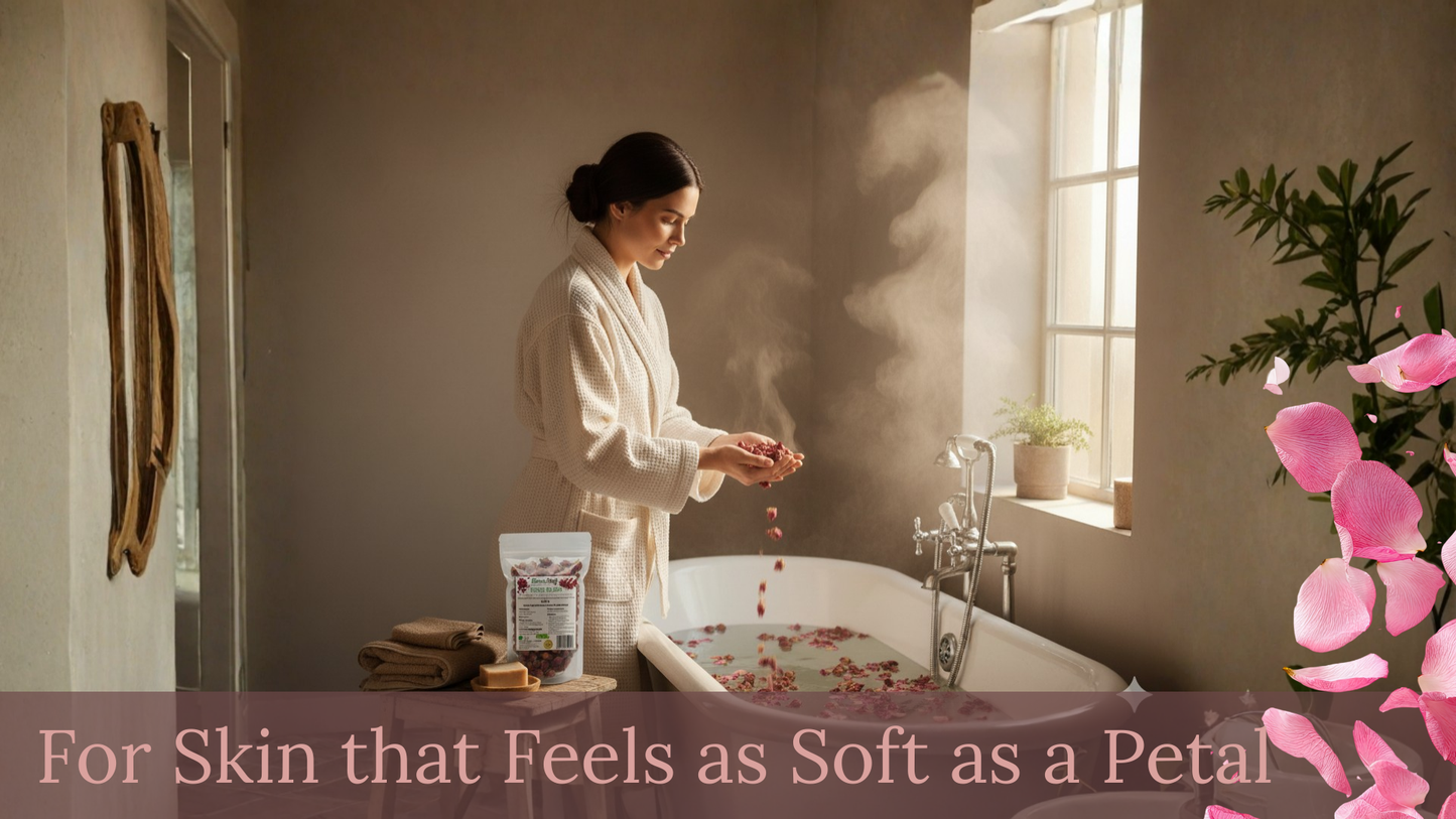 Woman in a bath with flowers and candles, text 'For Skin that Feels as Soft as a Petal'.