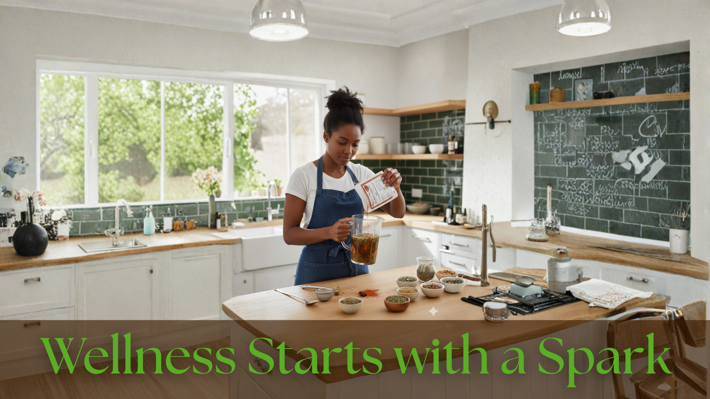 Woman in a kitchen pouring tea, with 'Wellness Starts with a Spark' text overlay.