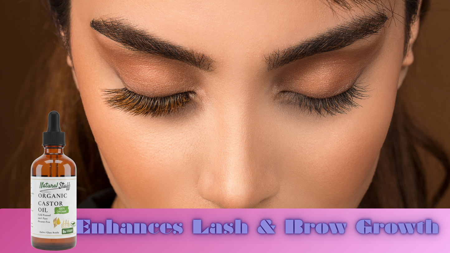 Bottle of Natural Style Organic Castor Oil with a woman's face in the background, promoting lash and brow growth.