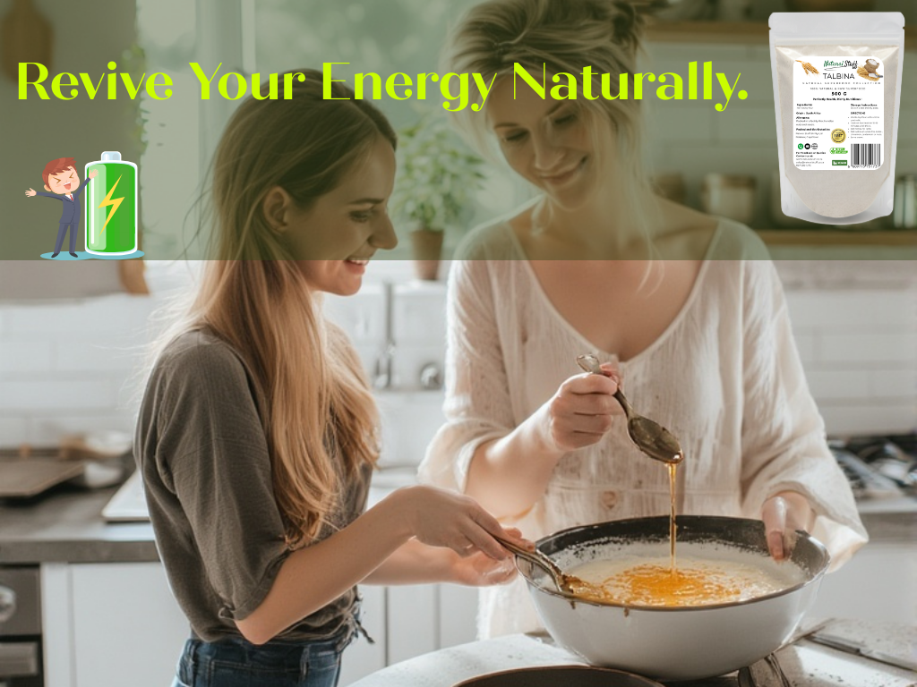 Two women cooking together in a kitchen with a product packaging overlay and text 'Revive Your Energy Naturally'.