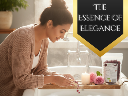 Woman preparing food in a kitchen with a product and text overlay about elegance.