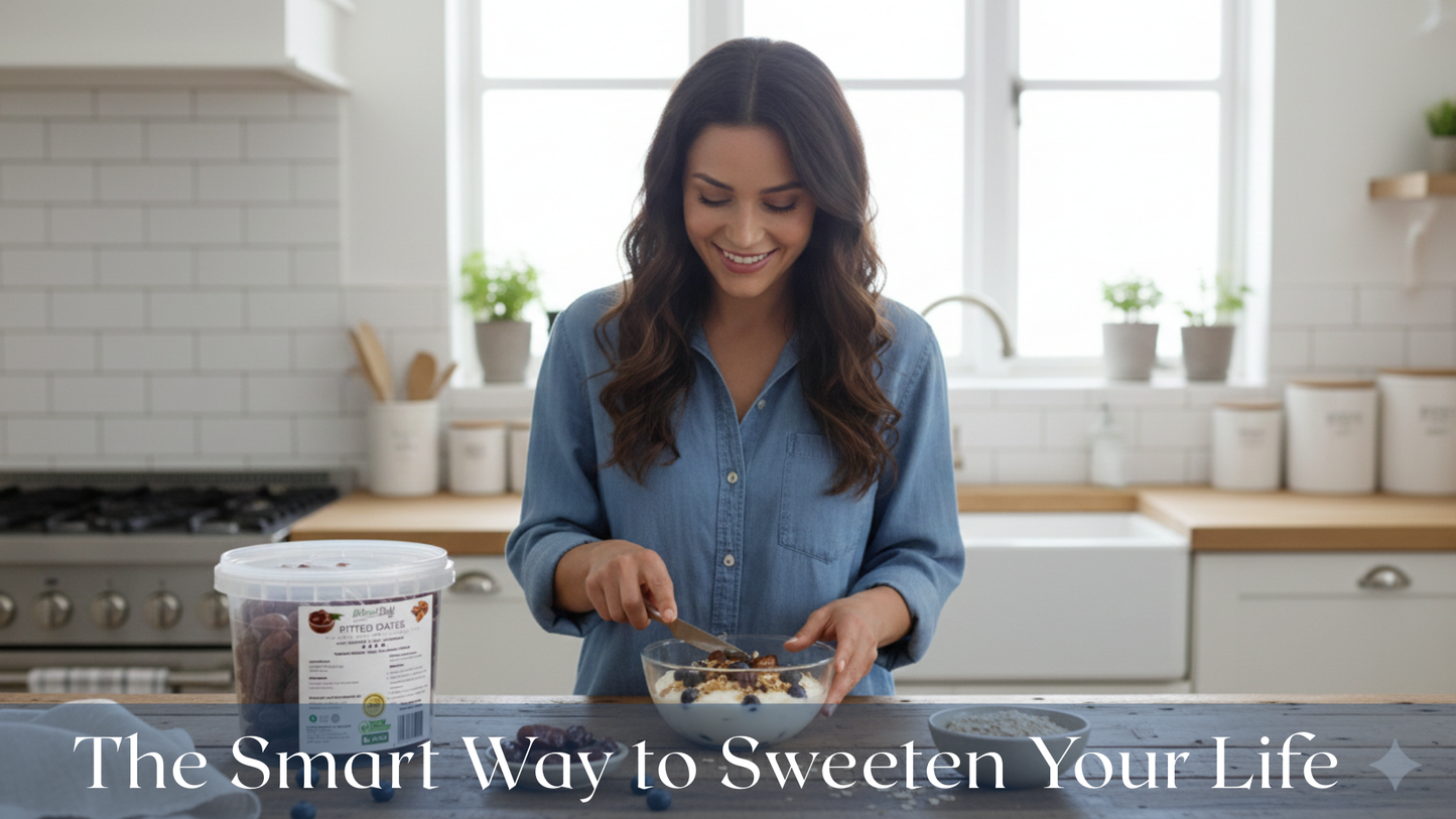 Woman in a kitchen preparing food with a container labeled 'The Smart Way to Sweeten Your Life'.