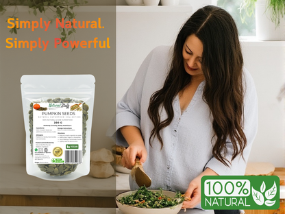Woman preparing a salad with pumpkin seeds packaging and 'Simply Natural' text.