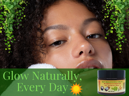 Person with natural hair and greenery, with a jar of skin brightening cream on a green background.