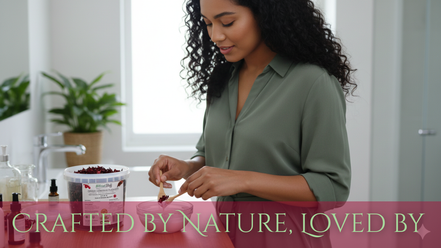 Woman preparing food in a kitchen with text 'Crafted by Nature, Loved by'