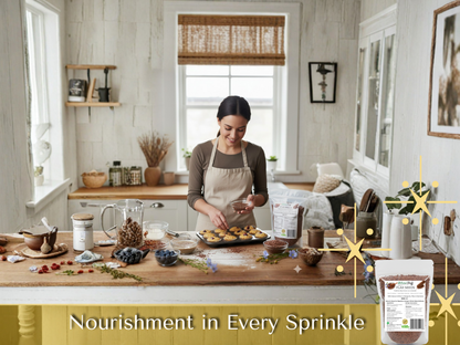 Woman in a kitchen preparing food with a product label on the counter.