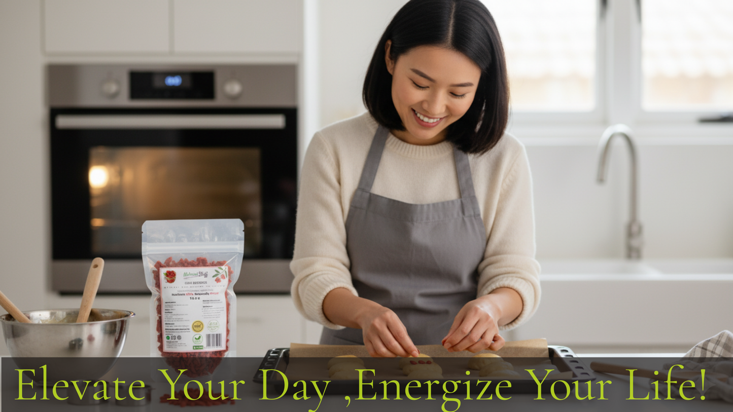 Woman in a kitchen preparing food with a package of berries on a counter.