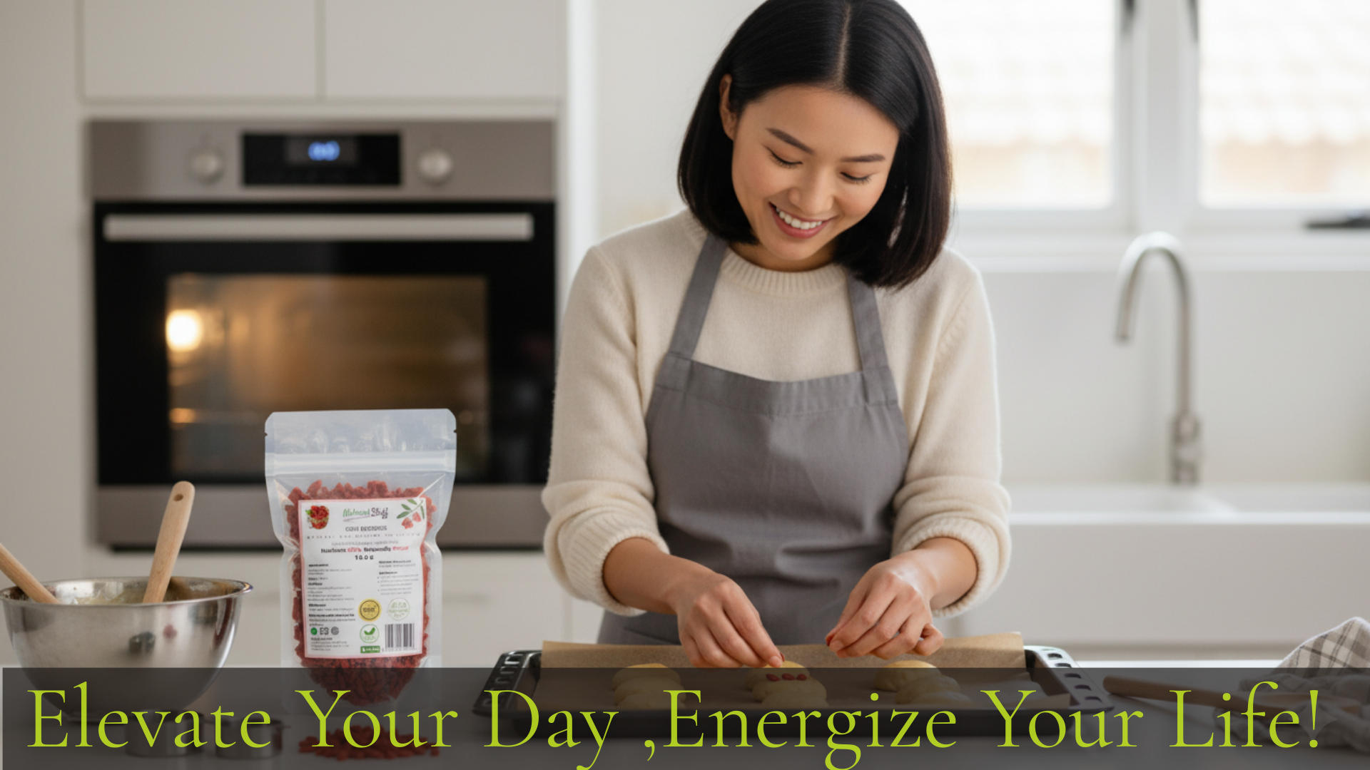 Woman in a kitchen preparing food with a package of berries on a counter.