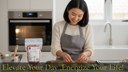 Woman in a kitchen preparing food with a package of berries on a counter.