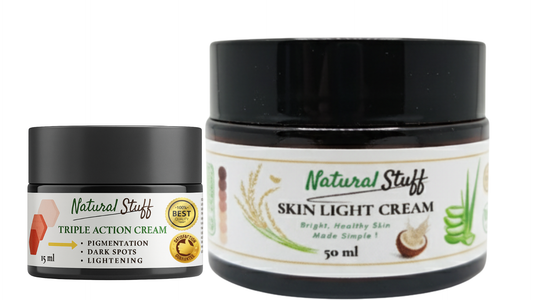Two jars of 'Natural Stuff' skin lightening cream on a white background
