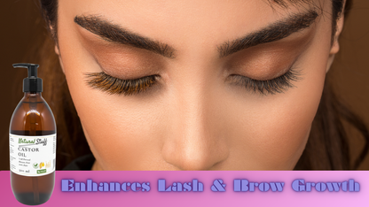 Woman with long eyelashes and brows, with a bottle of Natural Stuff Castor Oil on a brown background.