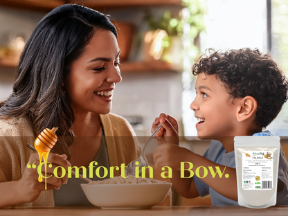 Woman and child eating together with a product packaging in the foreground.
