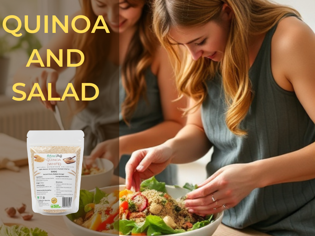 Two women preparing a salad with quinoa, with a package of quinoa in the foreground.