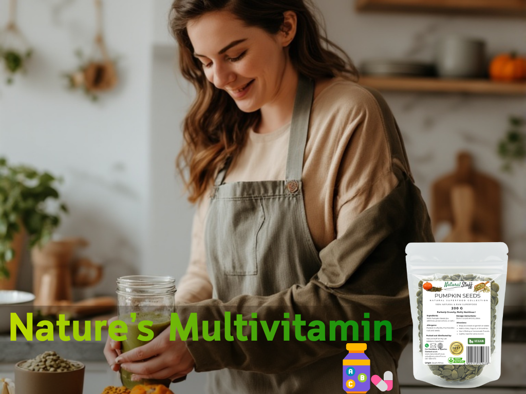 Woman in a kitchen preparing food with a package of 'Nature's Multivitamin' in the foreground.