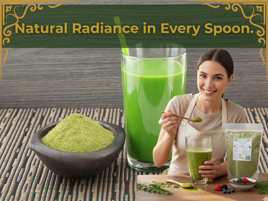 Woman enjoying a green smoothie with a bowl of green powder and a glass of green juice on a wooden surface.