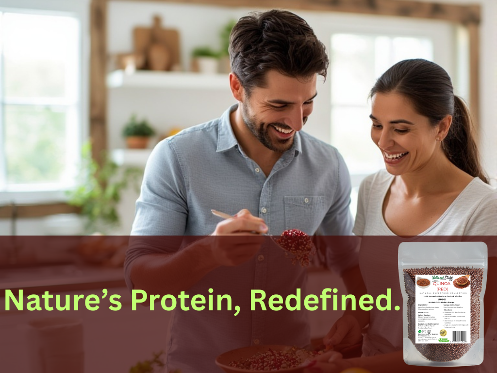 Man and woman in a kitchen with a package of protein powder labeled 'Nature's Protein, Redefined'.