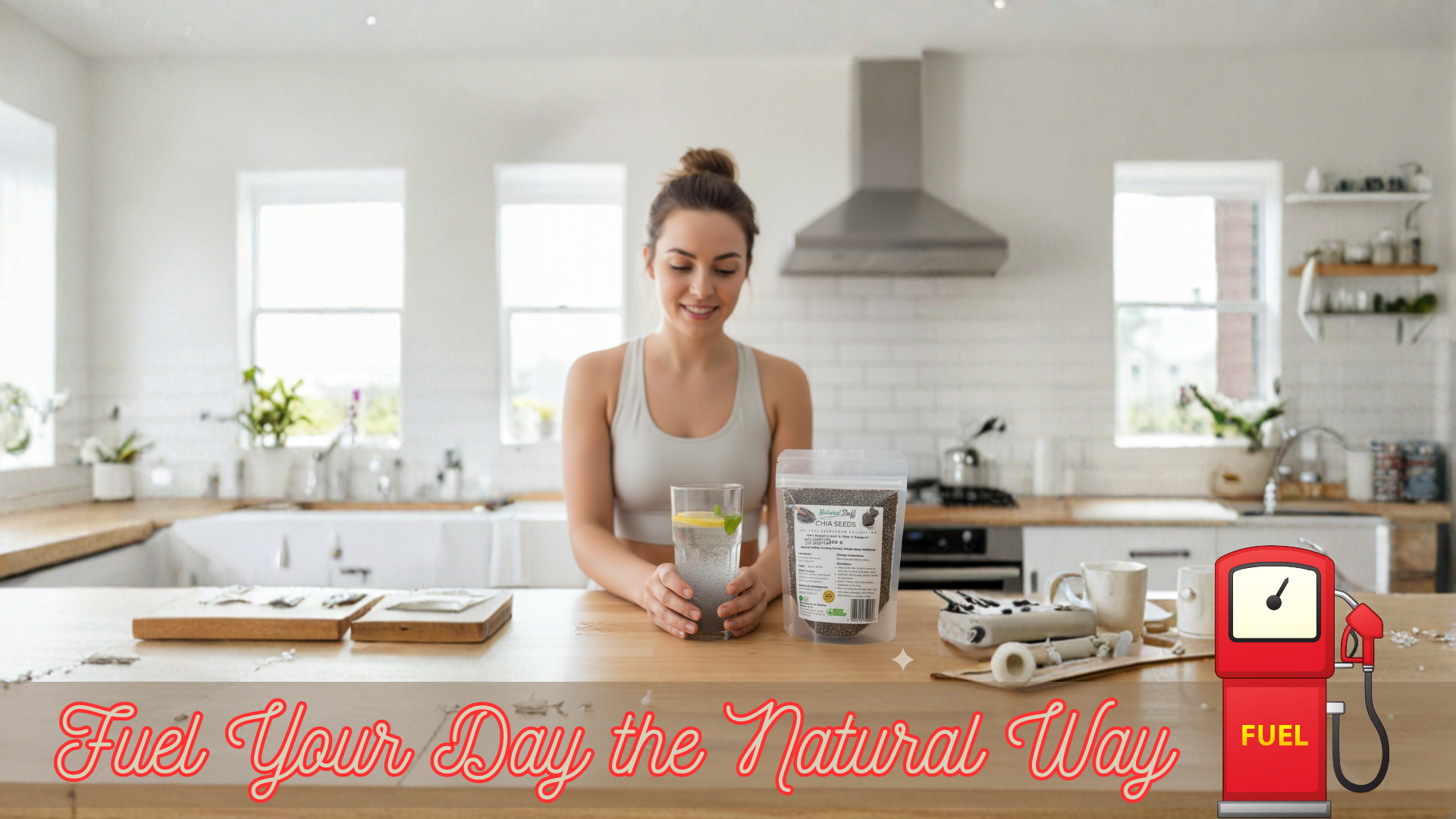Woman in a kitchen holding a glass of water with a lemon slice, with text 'Fuel Your Day the Natural Way' and a fuel pump graphic.