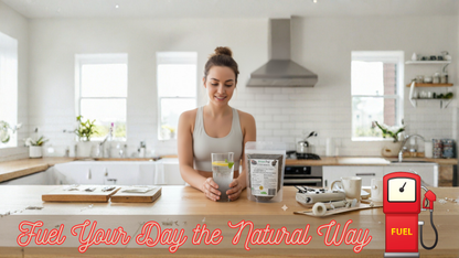 Woman in a kitchen holding a glass of water with a lemon slice, with text 'Fuel Your Day the Natural Way' and a fuel pump graphic.