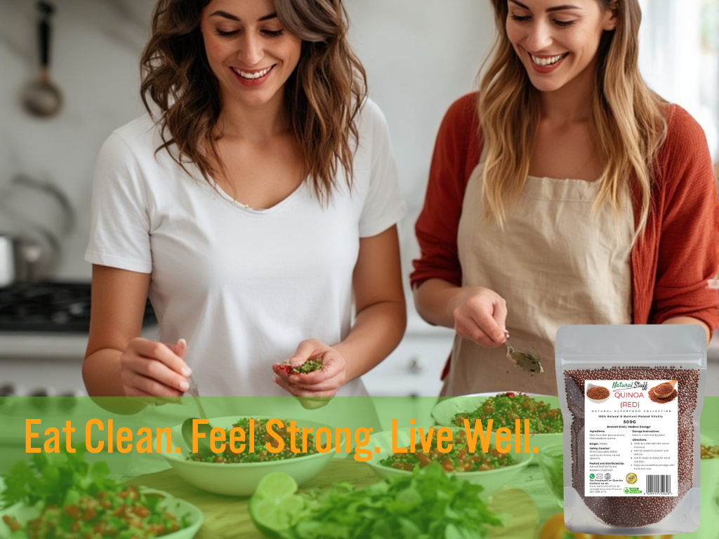 Two women preparing a salad with a package of superfood in the foreground, with text 'Eat Clean. Feel Strong. Live Well.'