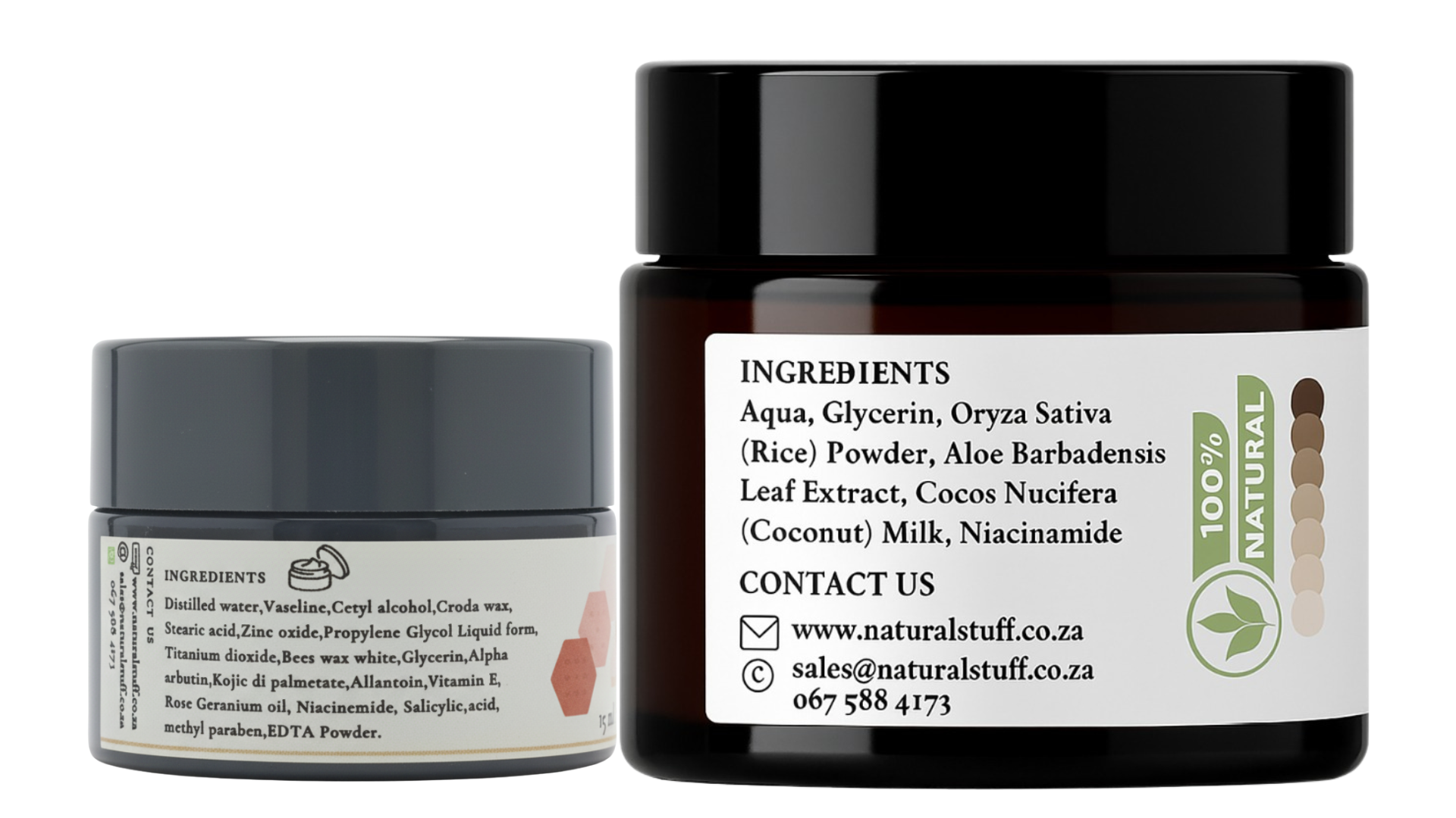 Two cosmetic jars with labels showing ingredients and contact information on a white background