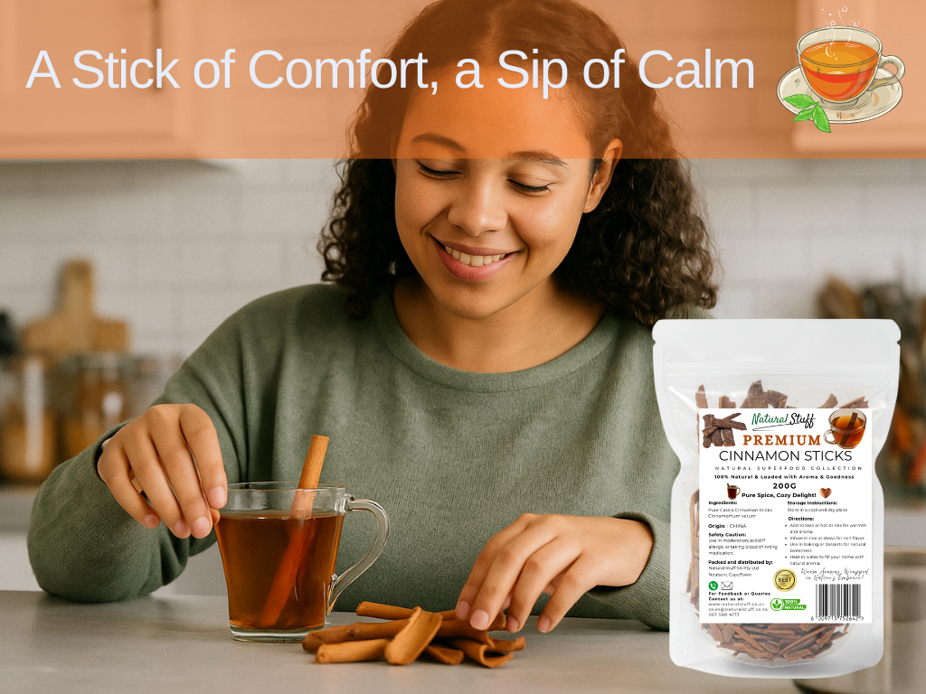 Woman enjoying a cup of tea with cinnamon sticks, next to a package of cinnamon sticks.