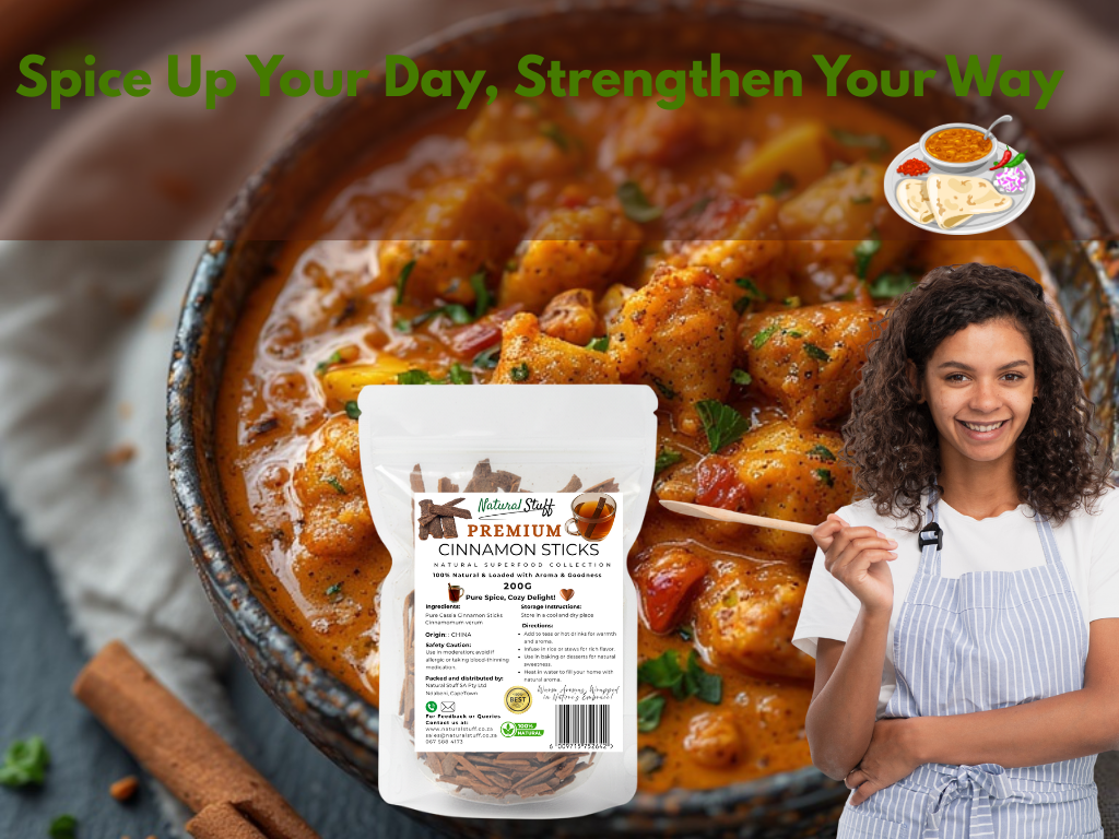Woman holding a spoon over a dish of food with a package of cinnamon sticks in front, text 'Spice Up Your Day, Strengthen Your Way' above.